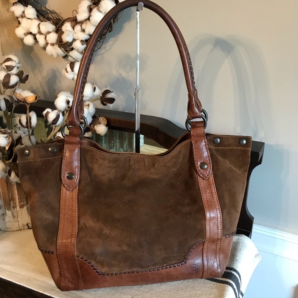 Frye Brown Suede and Leather Shoulder Tote - Picture 9 of 14